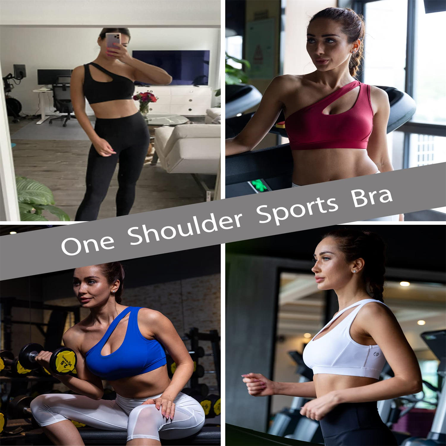  One Shoulder Sports Bra Removable Padded Yoga Bra Post-Surgery Wirefree Sexy Cute Workout Top Medium Support